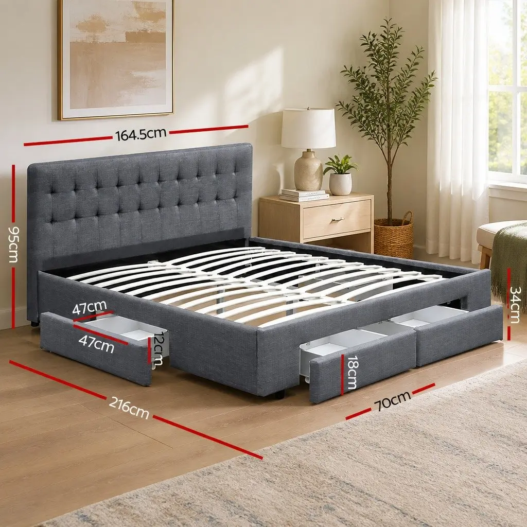 Queen Size Bed Frame Grey Tufted Headboard Faux Linen Fabric with 4 Storage Drawers