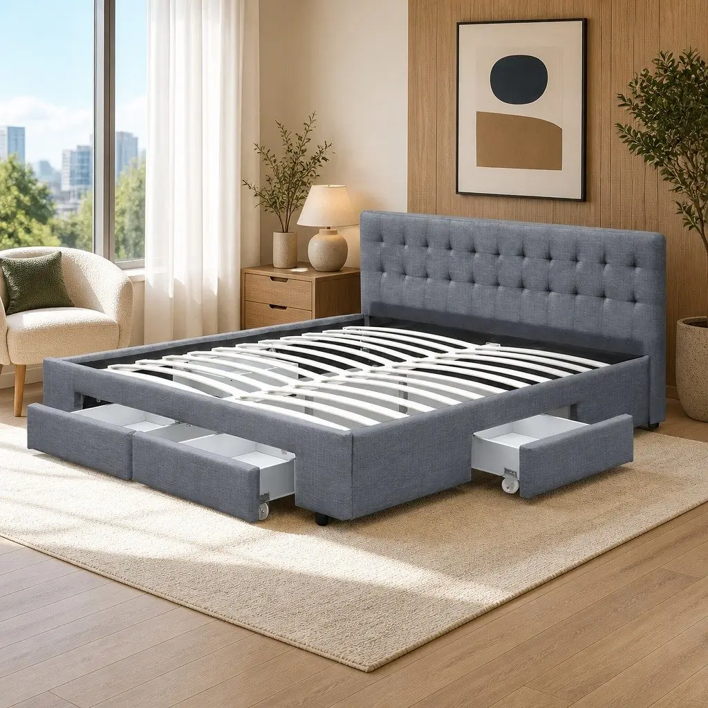 Queen Size Bed Frame Grey Tufted Headboard Faux Linen Fabric with 4 Storage Drawers