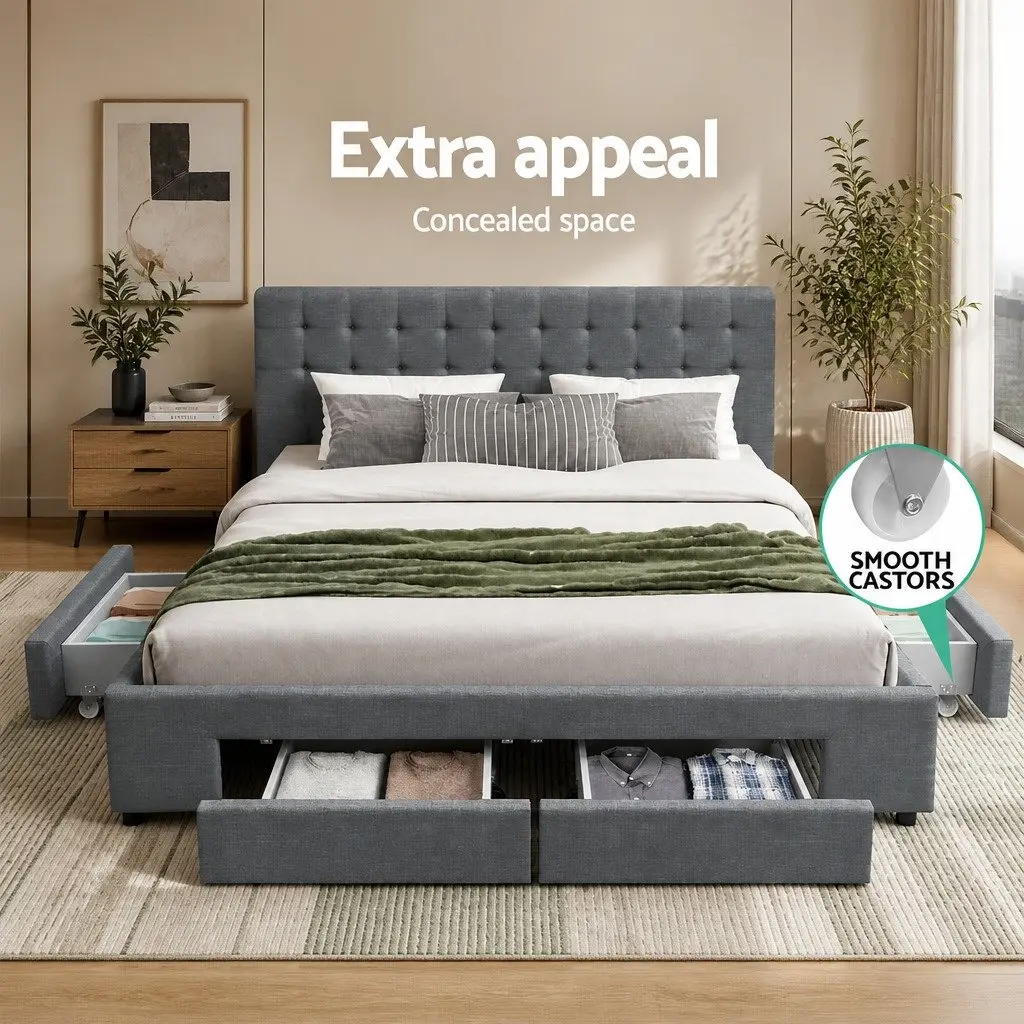 Queen Size Bed Frame Grey Tufted Headboard Faux Linen Fabric with 4 Storage Drawers