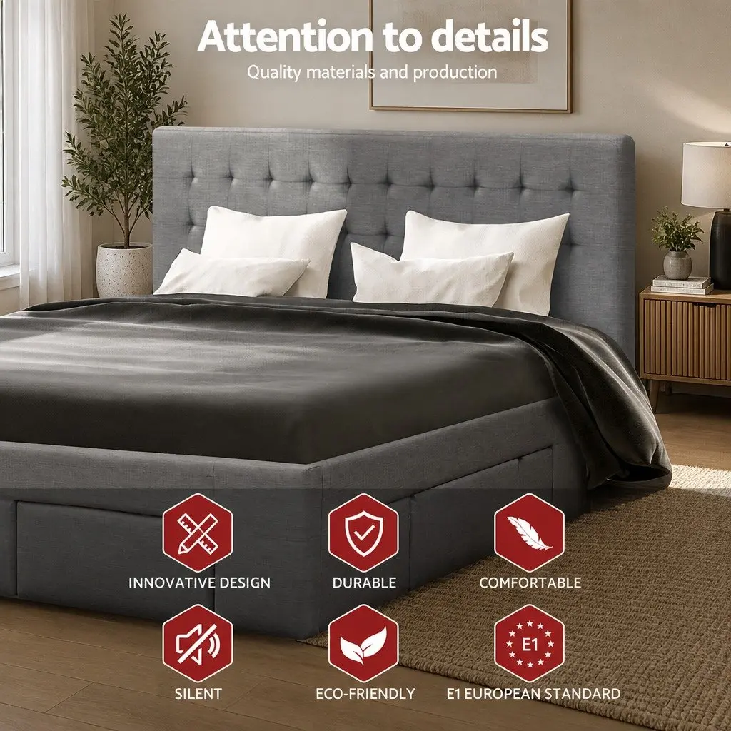 Queen Size Bed Frame Grey Tufted Headboard Faux Linen Fabric with 4 Storage Drawers