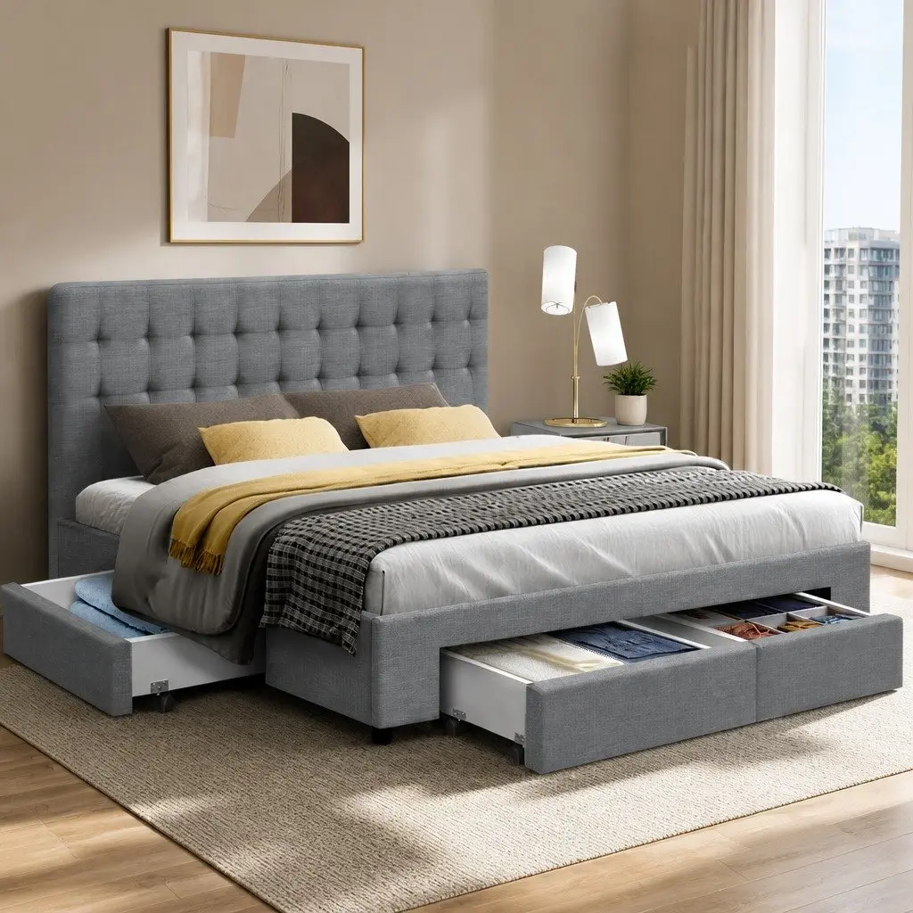 Queen Size Bed Frame Grey Tufted Headboard Faux Linen Fabric with 4 Storage Drawers