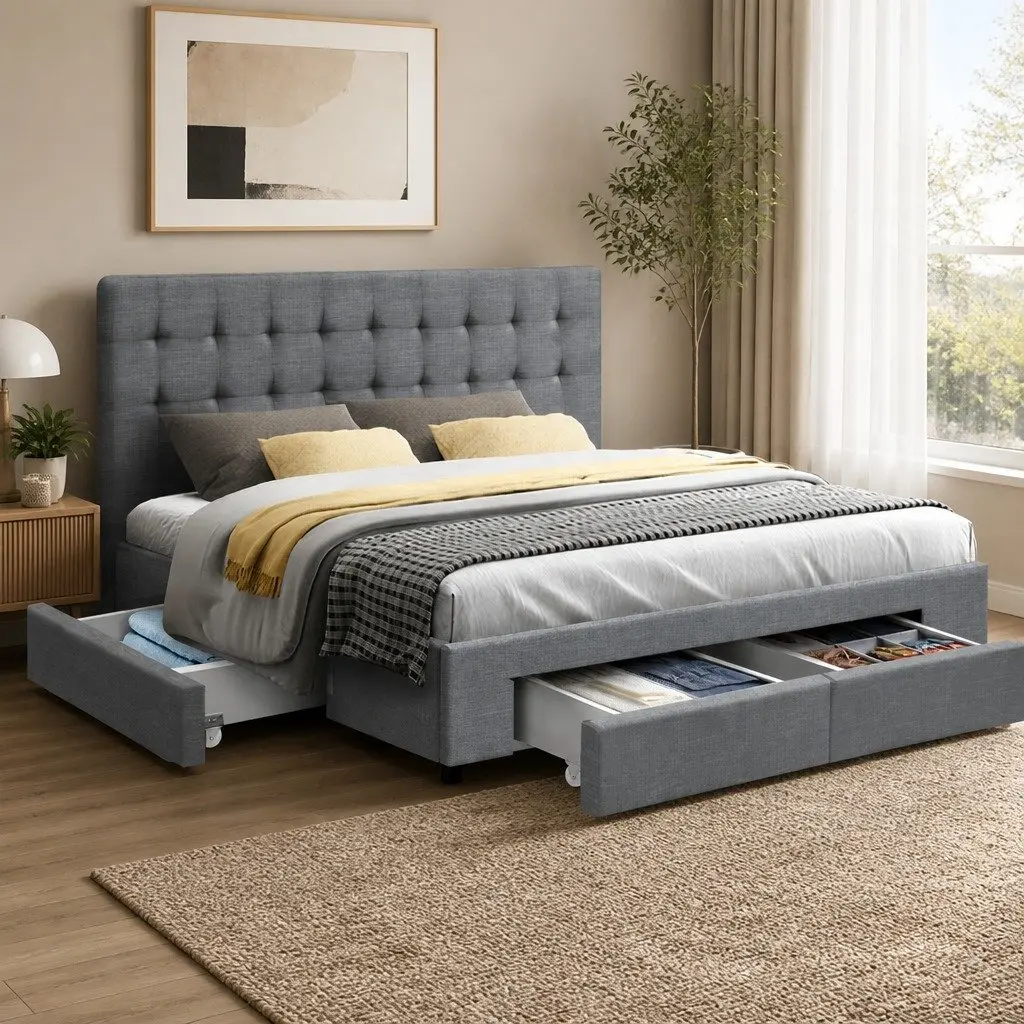 Queen Size Bed Frame Grey Tufted Headboard Faux Linen Fabric with 4 Storage Drawers