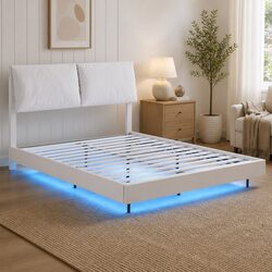 Queen Bed Frame with RGB LED Lights and Padded Headboard