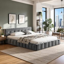 Modern Double Bed Frame with Plush Velvet Headboard