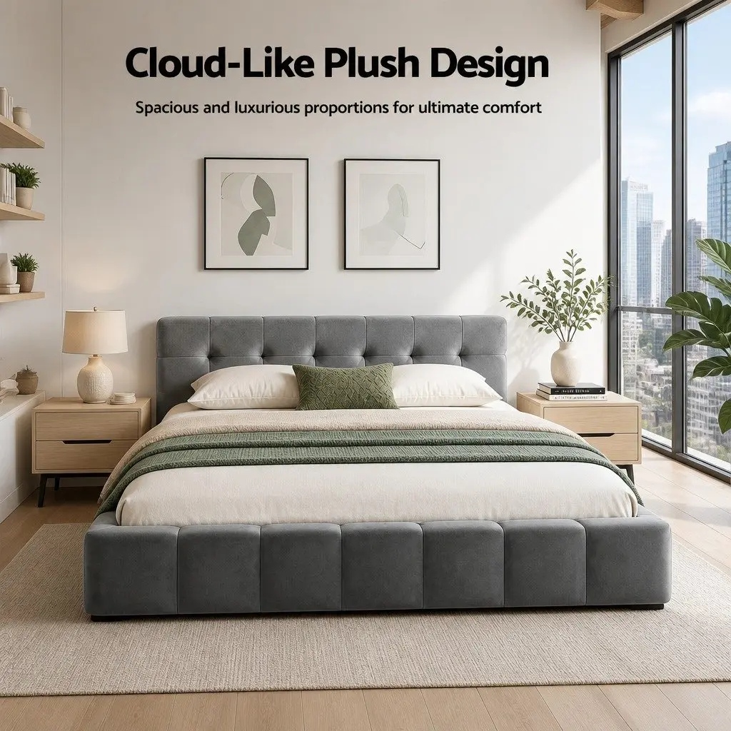 Double Bed Frame with Plush Velvet Headboard