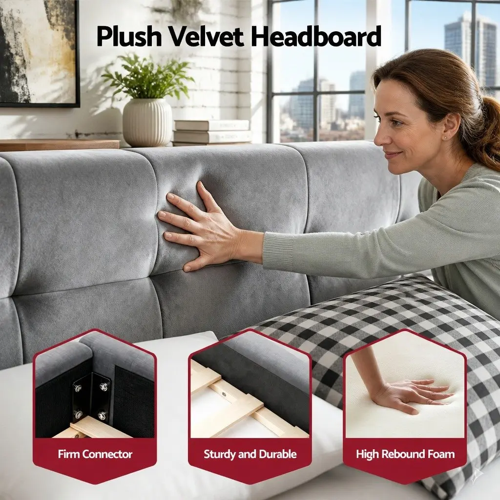 Double Bed Frame with Plush Velvet Headboard