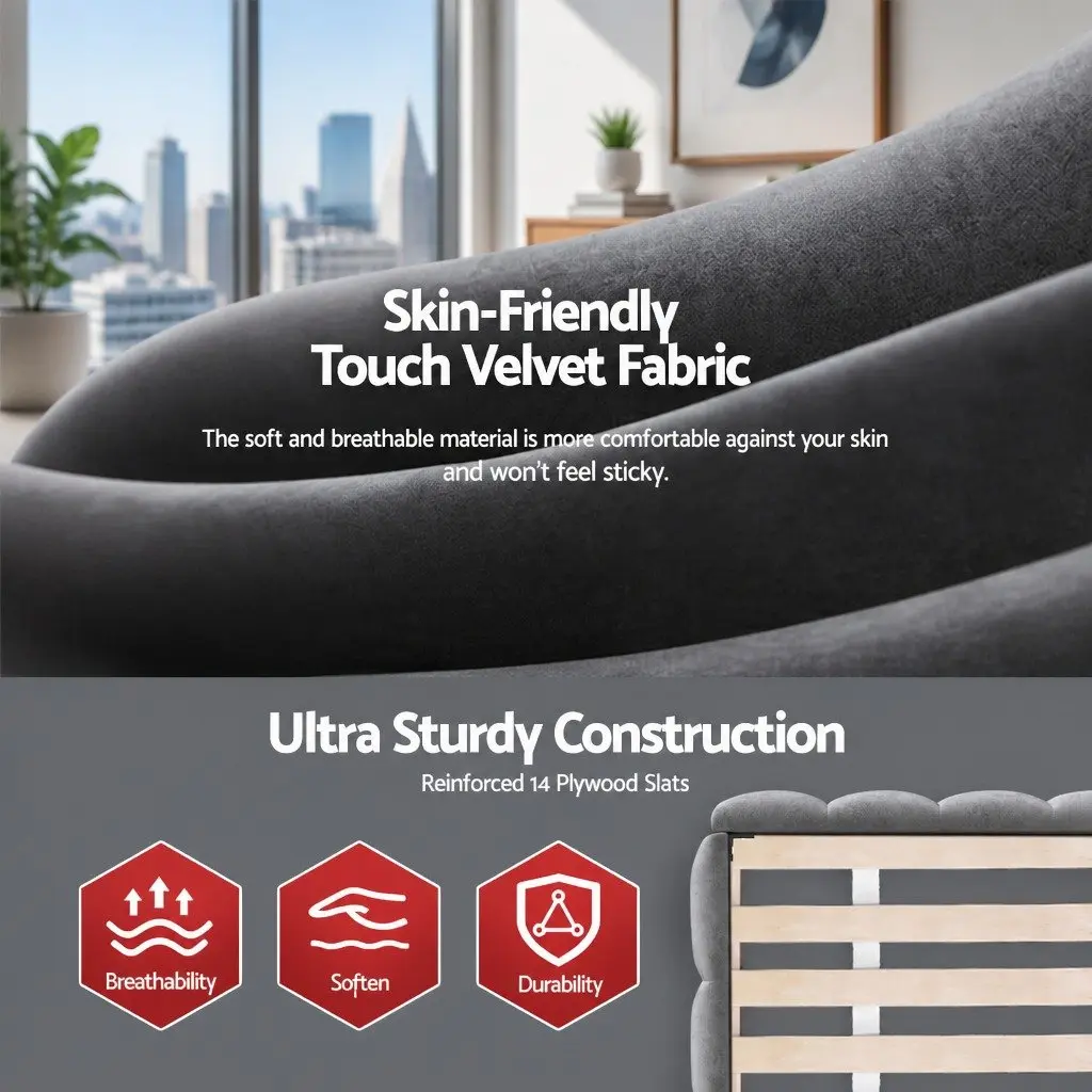 Double Bed Frame with Plush Velvet Headboard