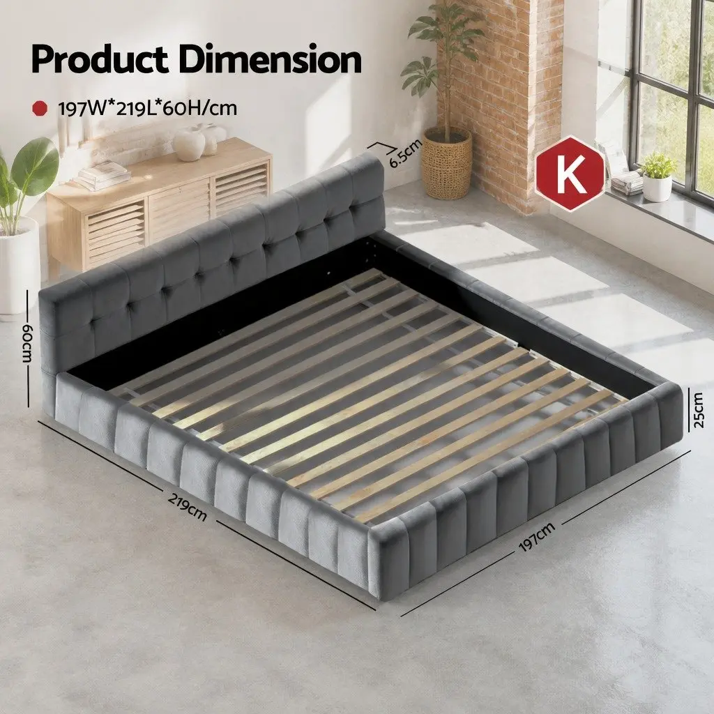 King Size Bed Frame Grey Plush Velvet Headboard Modern Platform Base Bedroom
