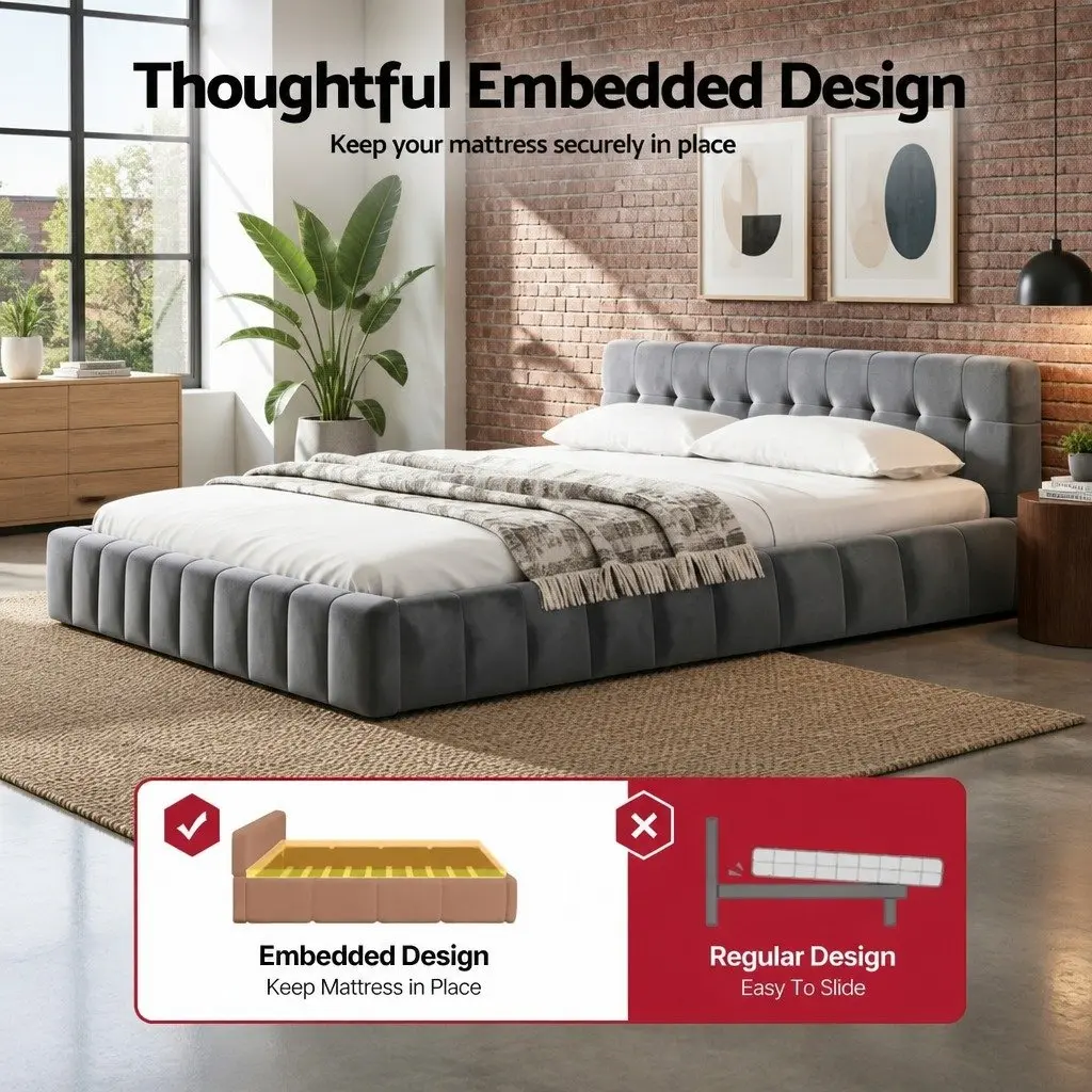 King Size Bed Frame Grey Plush Velvet Headboard Modern Platform Base Bedroom