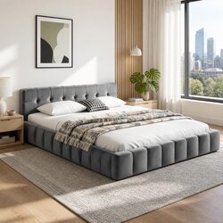 Queen Size Bed Frame with Cloud Headboard in Plush Velvet