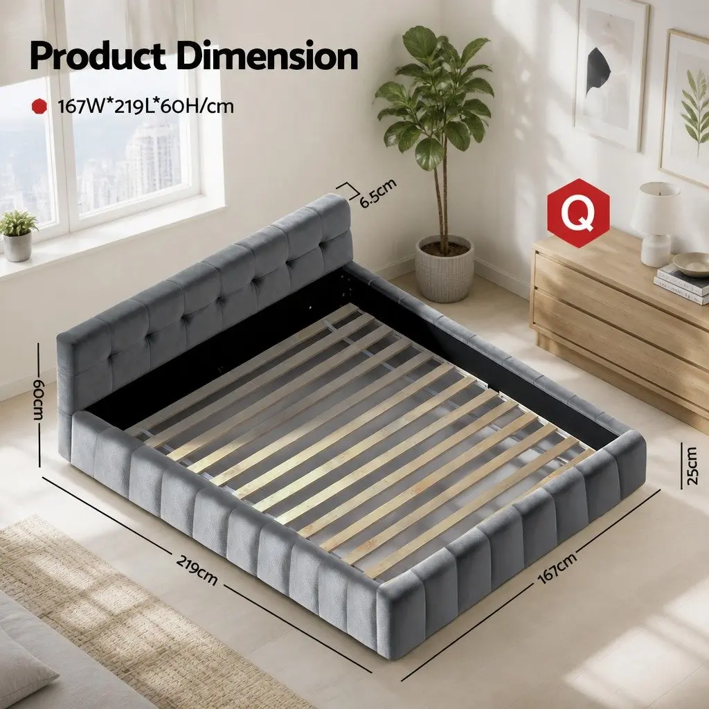 Queen Size Bed Frame with Cloud Headboard in Plush Velvet