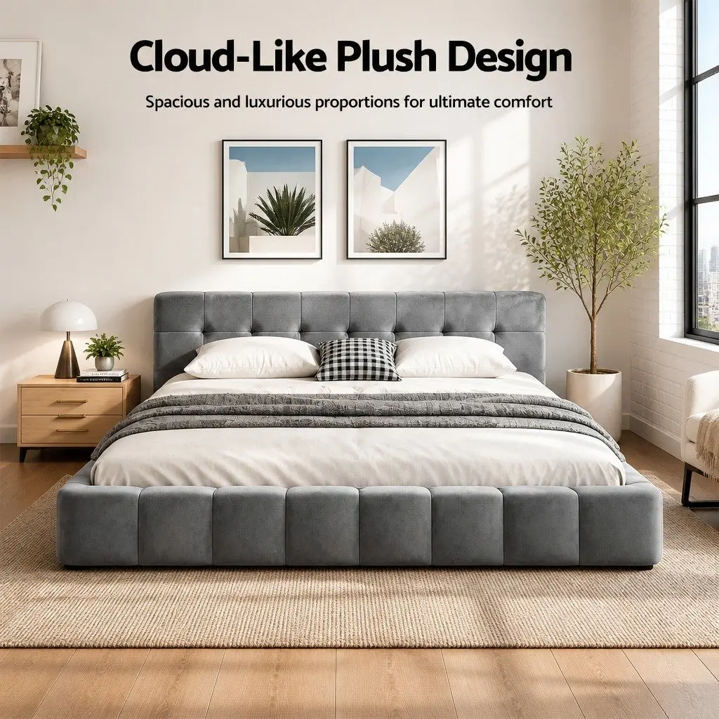 Queen Size Bed Frame with Cloud Headboard in Plush Velvet