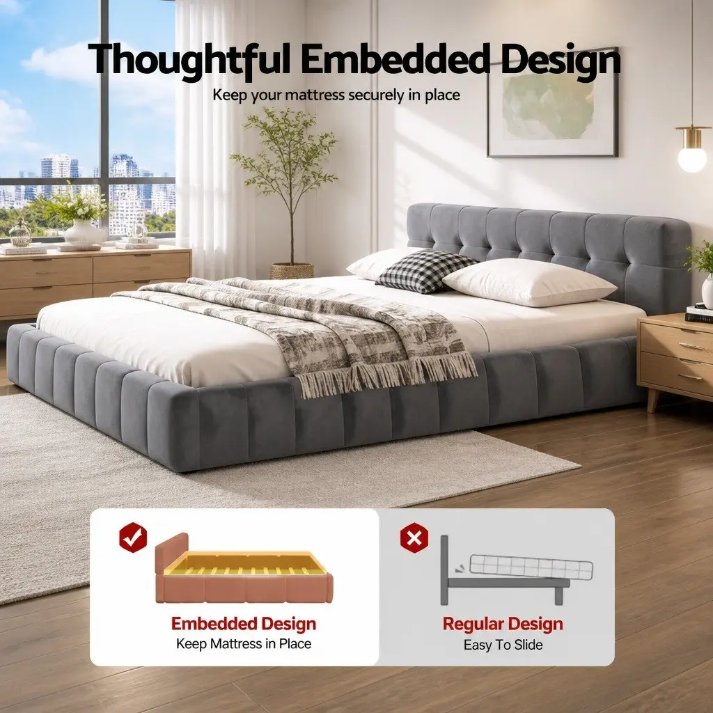 Queen Size Bed Frame with Cloud Headboard in Plush Velvet