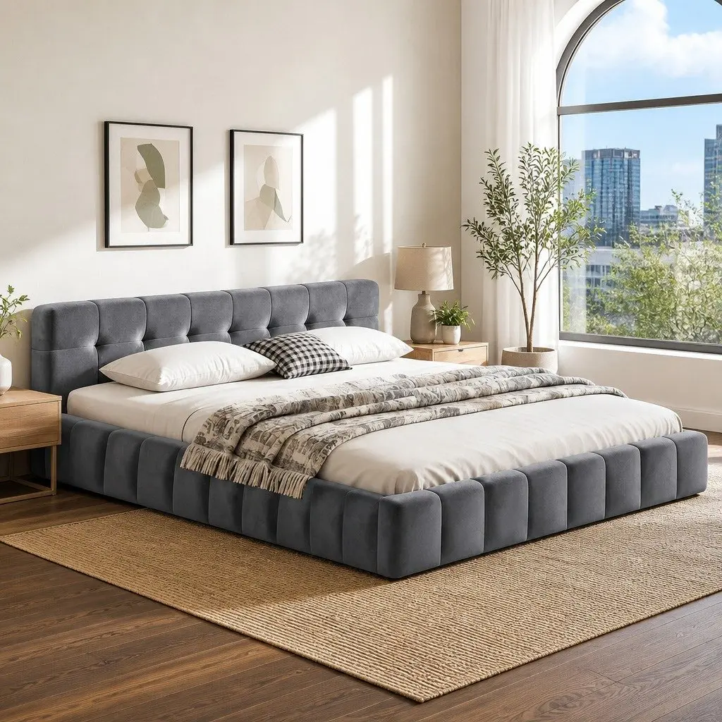 Queen Size Bed Frame with Cloud Headboard in Plush Velvet