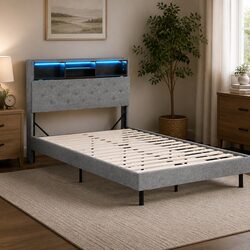 King Single Bed Frame with Storage Headboard and LED Lights