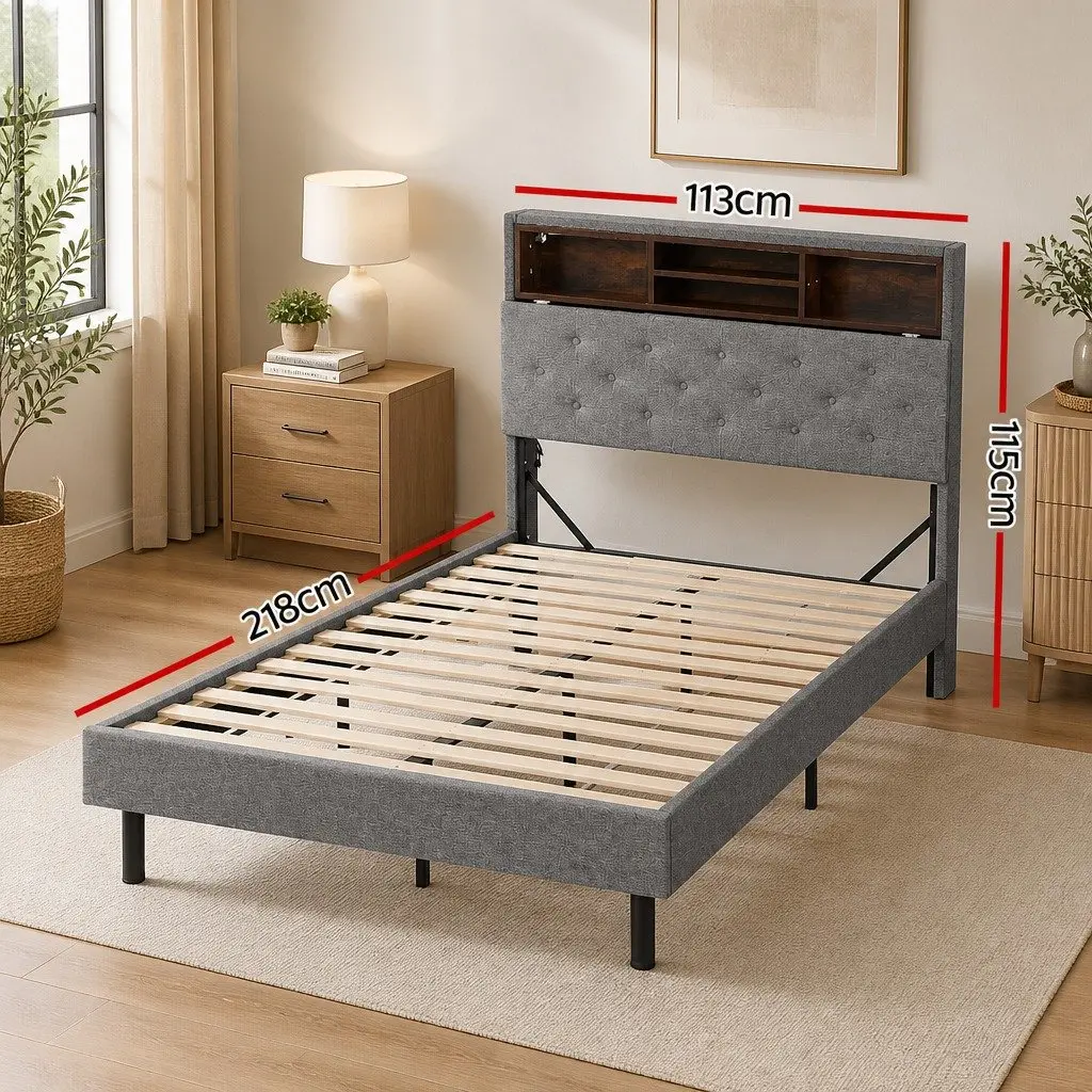 King Single Bed Frame with Storage Headboard and LED Lights