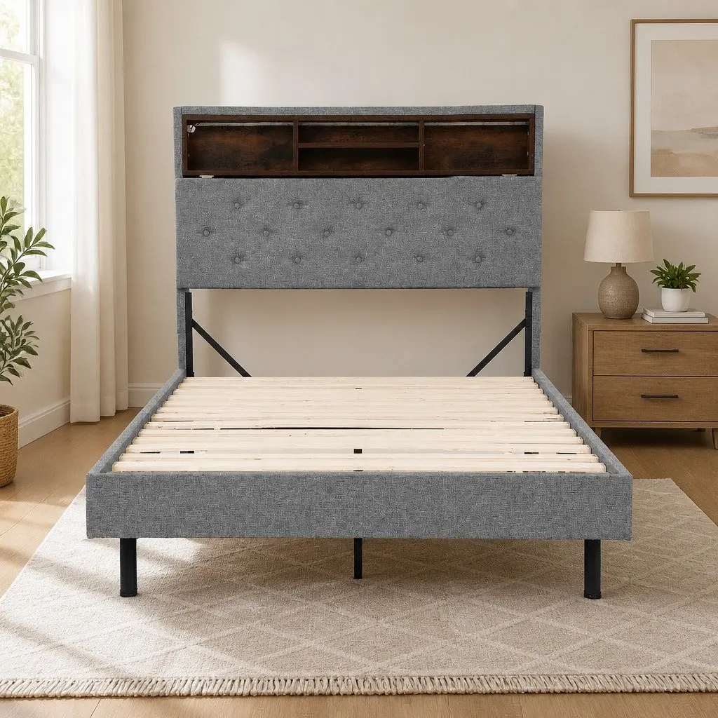 King Single Bed Frame with Storage Headboard and LED Lights