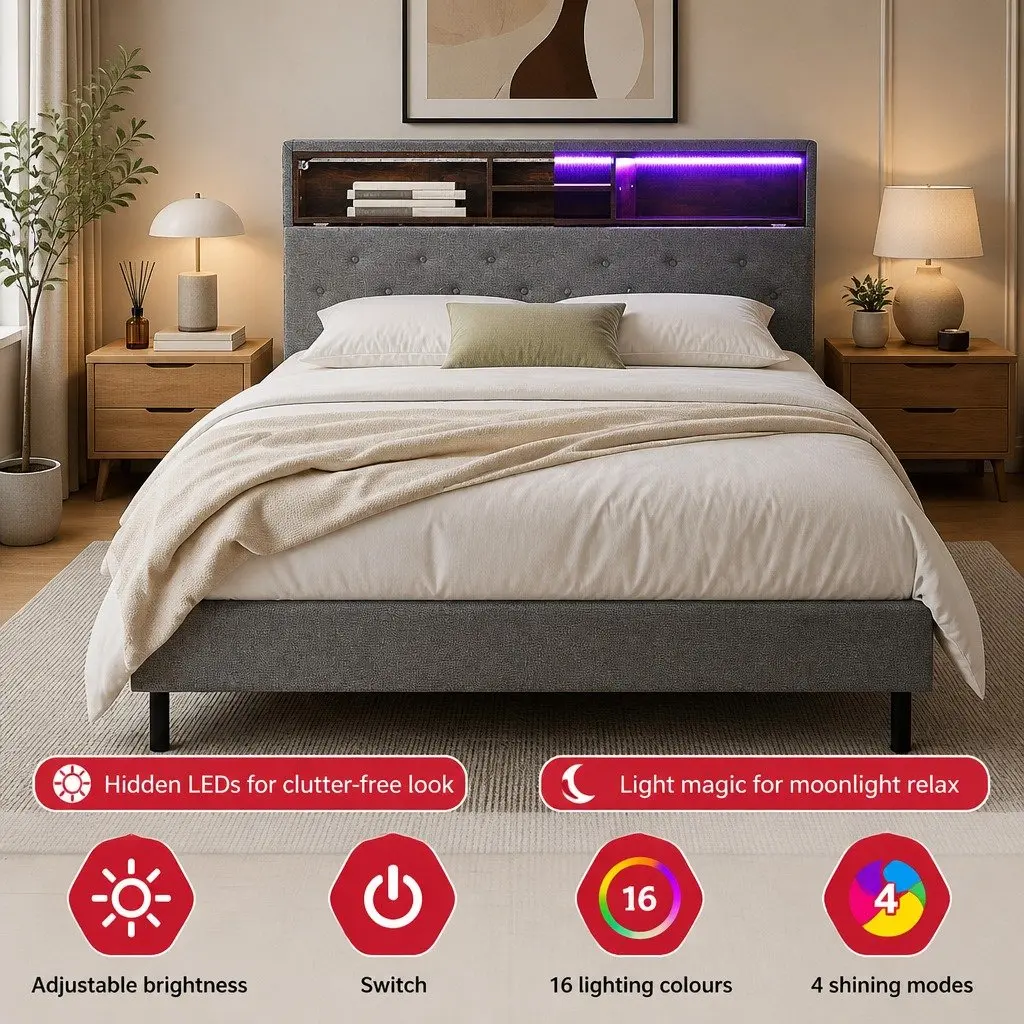 King Single Bed Frame with Storage Headboard and LED Lights