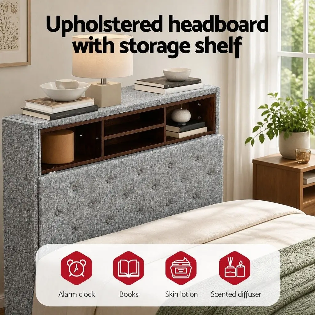 King Single Bed Frame with Storage Headboard and LED Lights