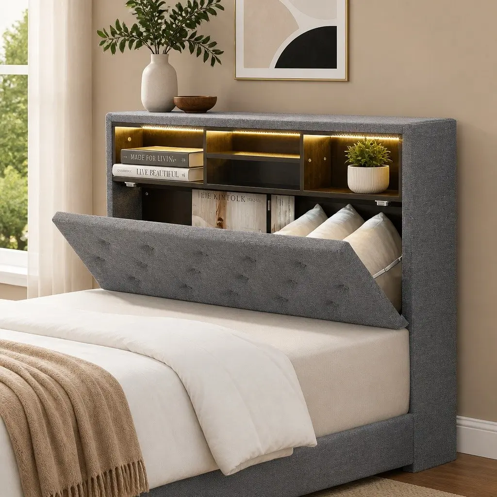 King Single Bed Frame with Storage Headboard and LED Lights