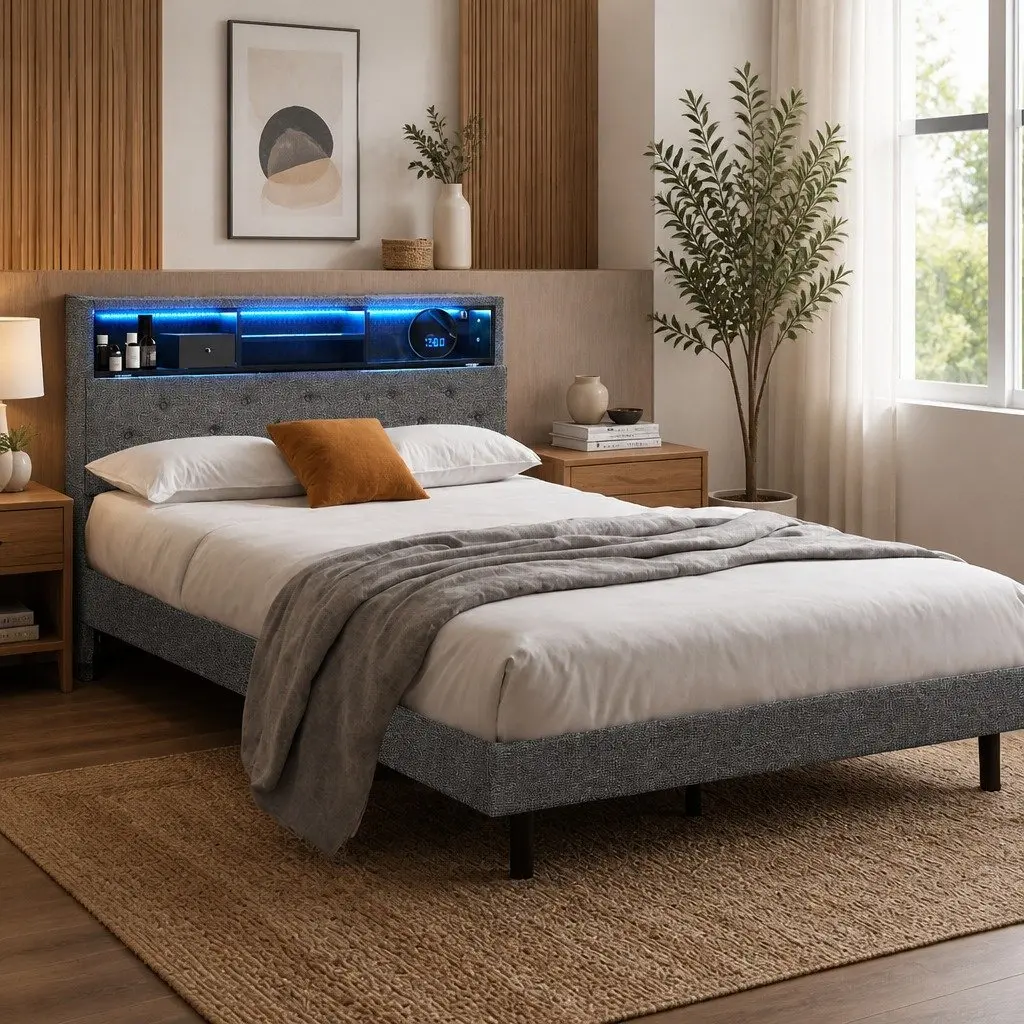 King Single Bed Frame with Storage Headboard and LED Lights