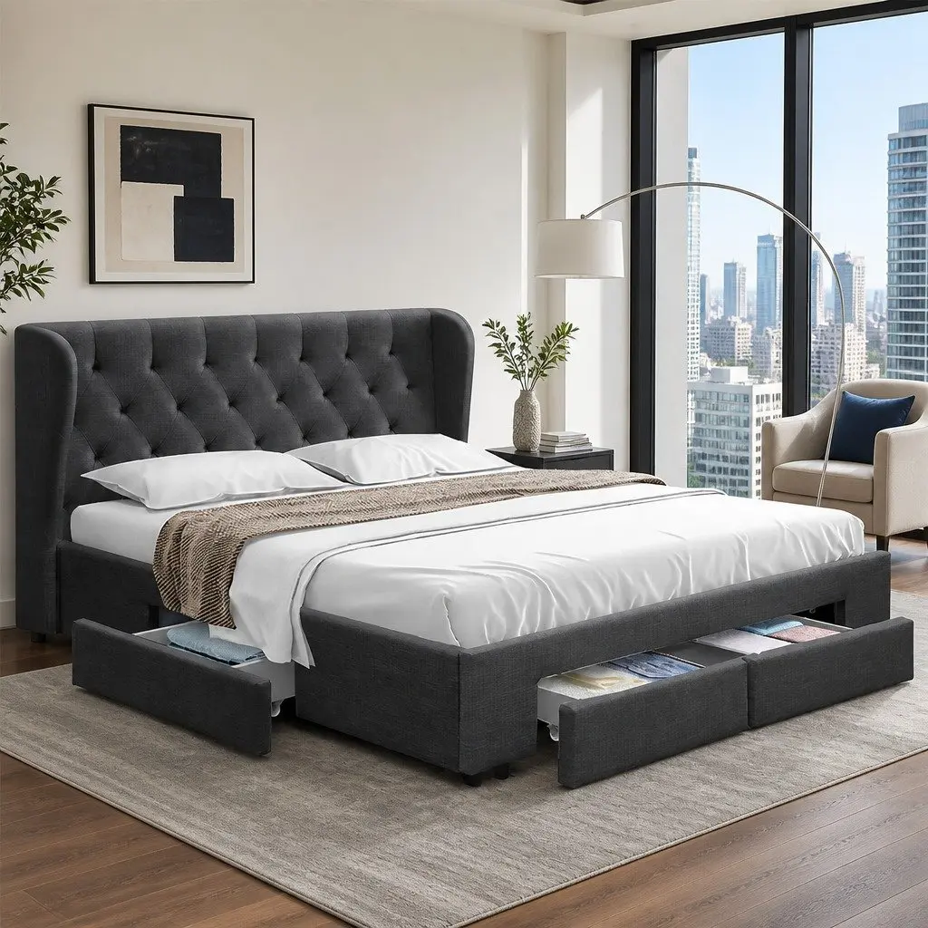 King Size Bed Frame Charcoal Upholstered Padded 4 Storage Drawers Faux Linen Wood Foam