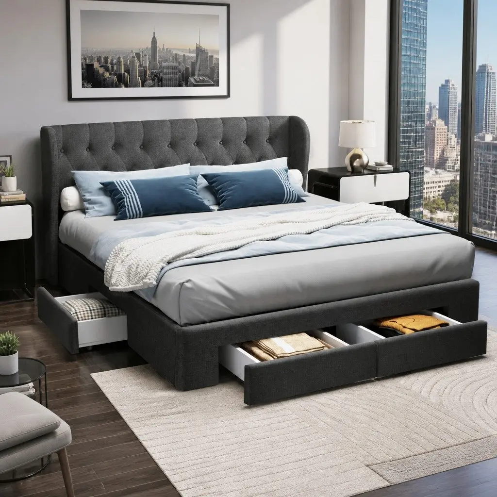 King Size Bed Frame Charcoal Upholstered Padded 4 Storage Drawers Faux Linen Wood Foam