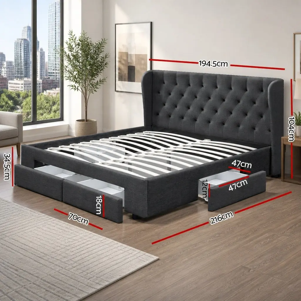 King Size Bed Frame Charcoal Upholstered Padded 4 Storage Drawers Faux Linen Wood Foam