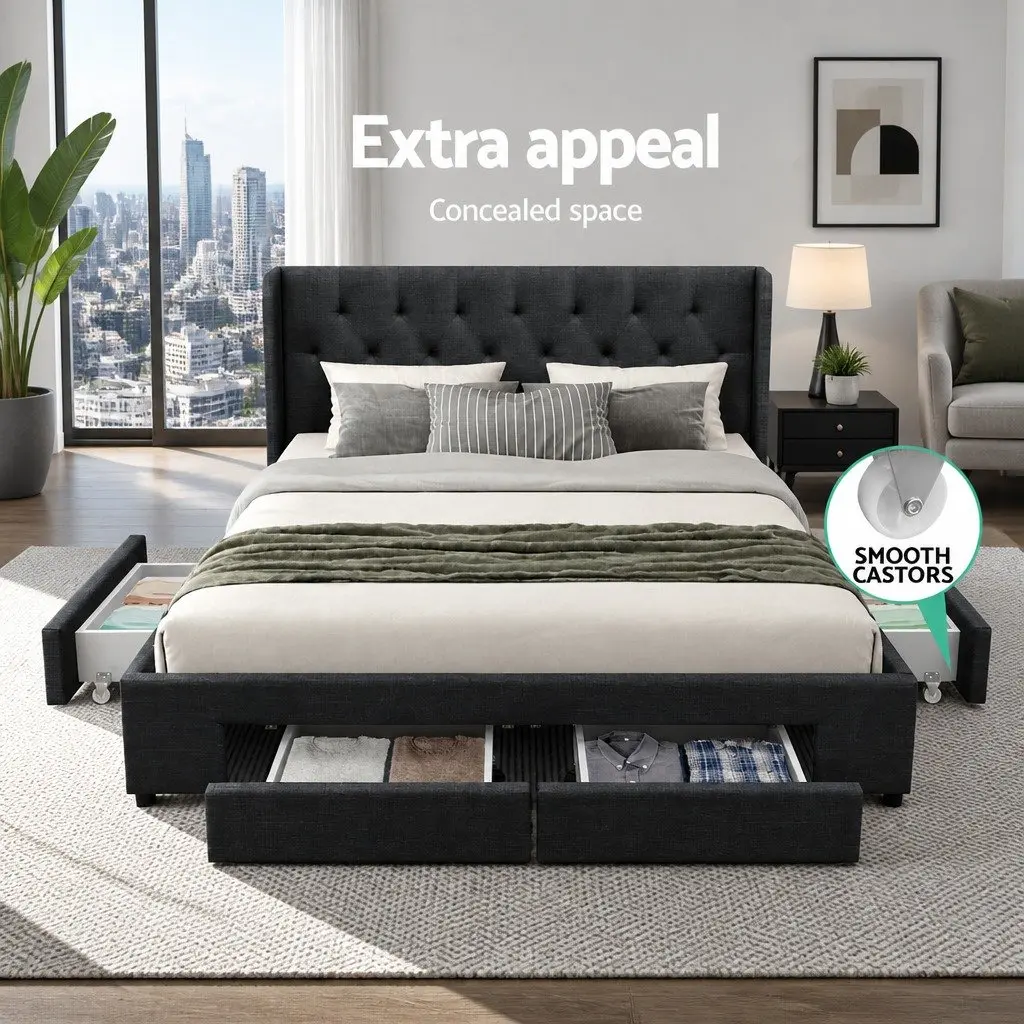 King Size Bed Frame Charcoal Upholstered Padded 4 Storage Drawers Faux Linen Wood Foam