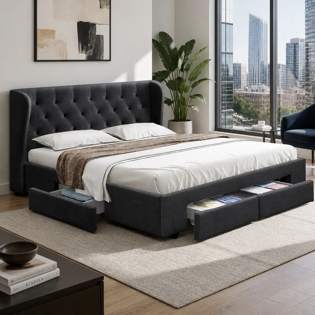 King Size Bed Frame Charcoal Upholstered Padded 4 Storage Drawers Faux Linen Wood Foam