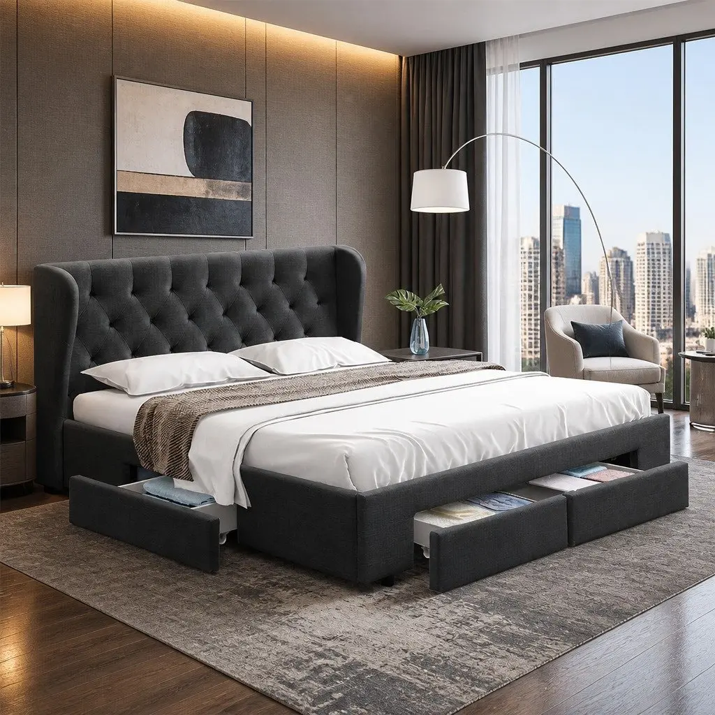 Queen Size Bed Frame Charcoal Upholstered Padded with 4 Storage Drawers