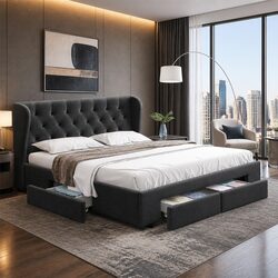 Stylish Queen Bed Frame with 4 Drawers in Charcoal