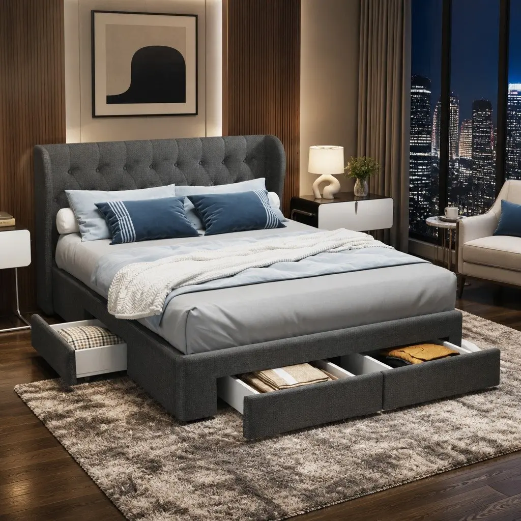 Queen Size Bed Frame Charcoal Upholstered Padded with 4 Storage Drawers