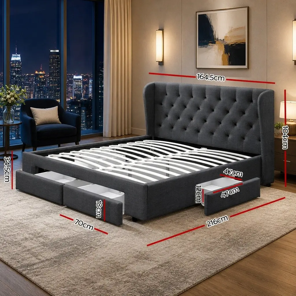 Queen Size Bed Frame Charcoal Upholstered Padded with 4 Storage Drawers