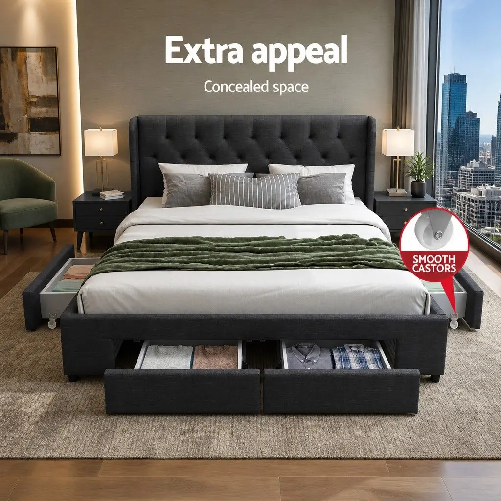 Queen Size Bed Frame Charcoal Upholstered Padded with 4 Storage Drawers