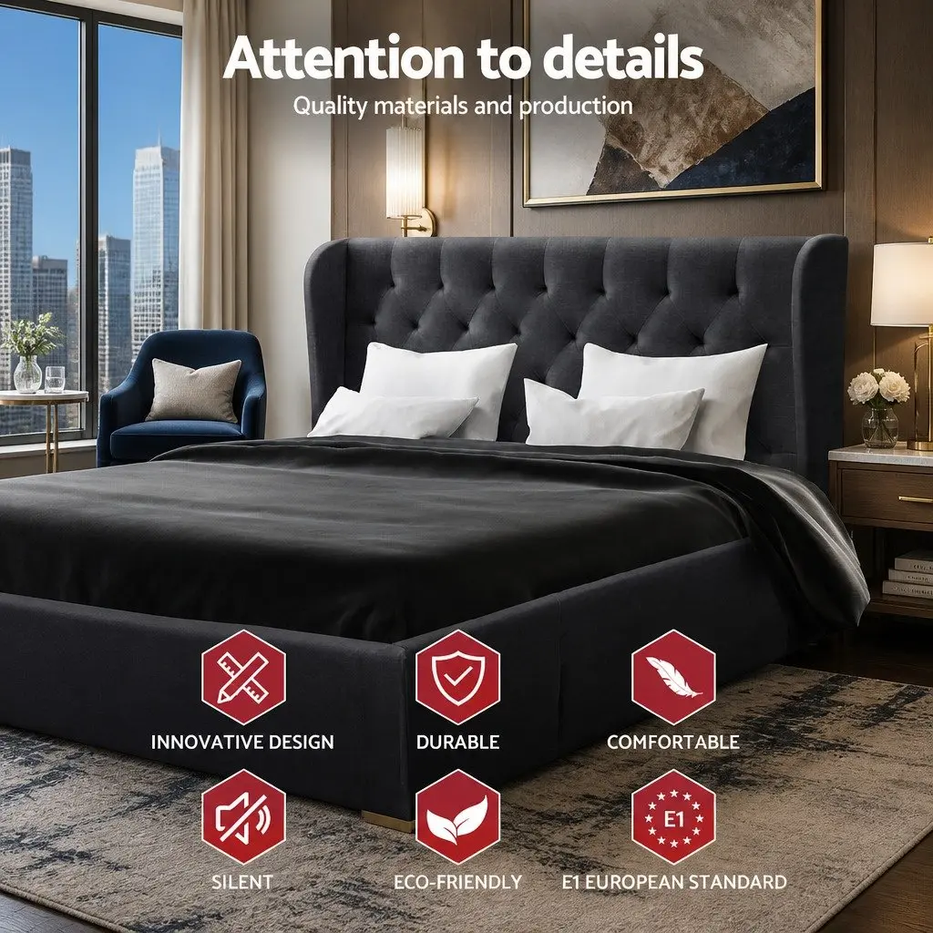 Queen Size Bed Frame Charcoal Upholstered Padded with 4 Storage Drawers