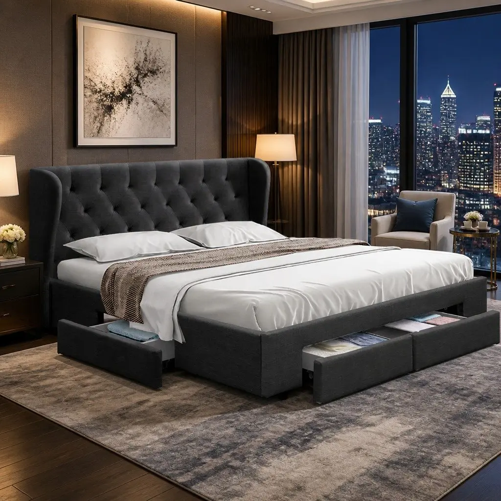 Queen Size Bed Frame Charcoal Upholstered Padded with 4 Storage Drawers