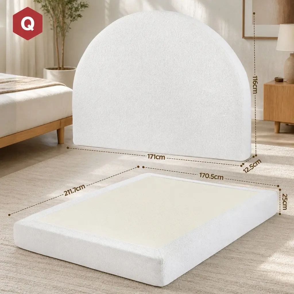 Queen Bed Frame Boucle Fabric Modern Minimalist Low-Profile Tool-Free Instant Expansion Removable Washable White