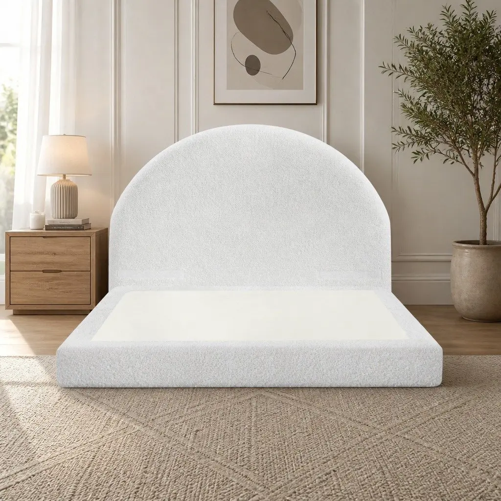 Queen Bed Frame Boucle Fabric Modern Minimalist Low-Profile Tool-Free Instant Expansion Removable Washable White