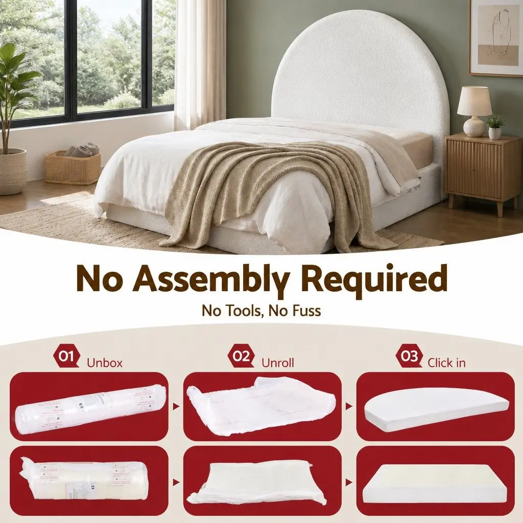Queen Bed Frame Boucle Fabric Modern Minimalist Low-Profile Tool-Free Instant Expansion Removable Washable White