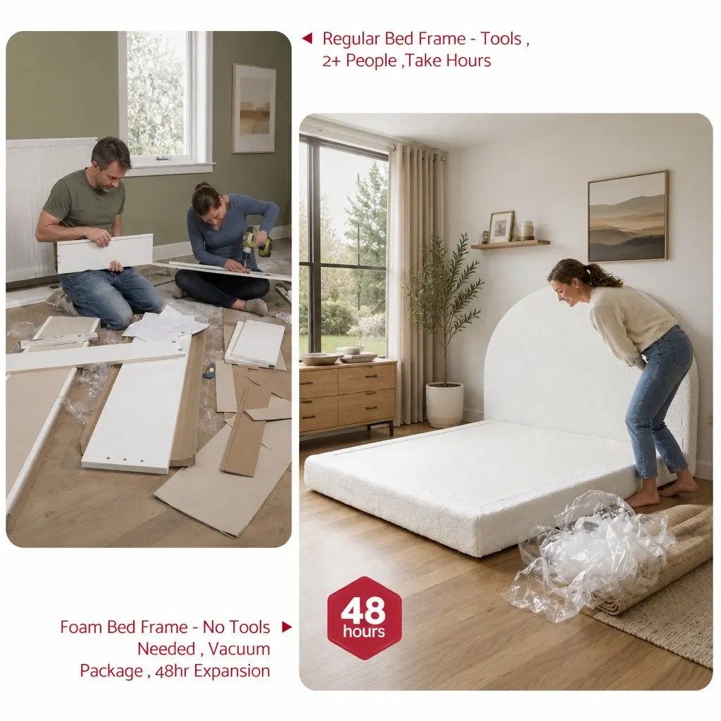 Queen Bed Frame Boucle Fabric Modern Minimalist Low-Profile Tool-Free Instant Expansion Removable Washable White