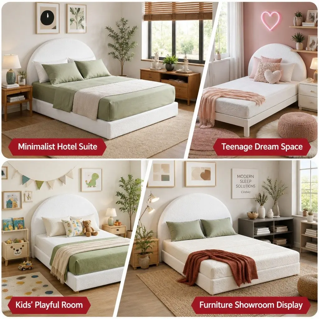 Queen Bed Frame Boucle Fabric Modern Minimalist Low-Profile Tool-Free Instant Expansion Removable Washable White