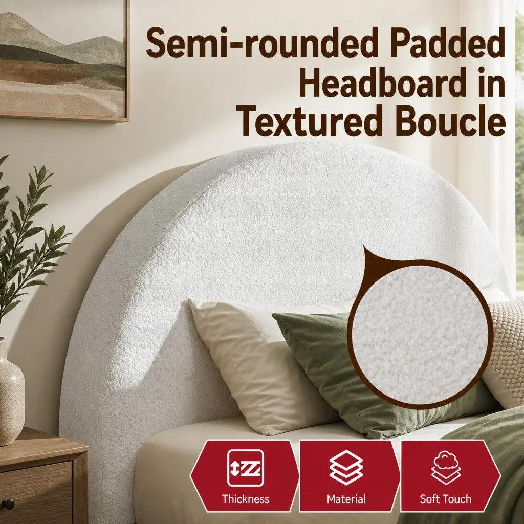 Queen Bed Frame Boucle Fabric Modern Minimalist Low-Profile Tool-Free Instant Expansion Removable Washable White