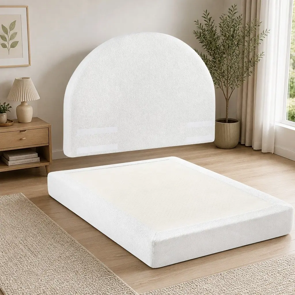Queen Bed Frame Boucle Fabric Modern Minimalist Low-Profile Tool-Free Instant Expansion Removable Washable White