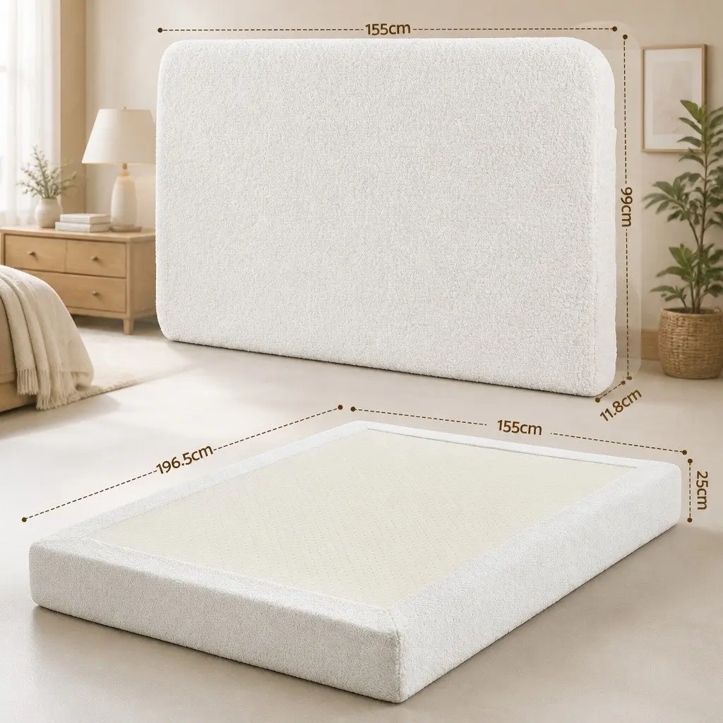 Double Bed Frame Boucle Fabric 155W x 196.5L x 25H cm High-Density Foam