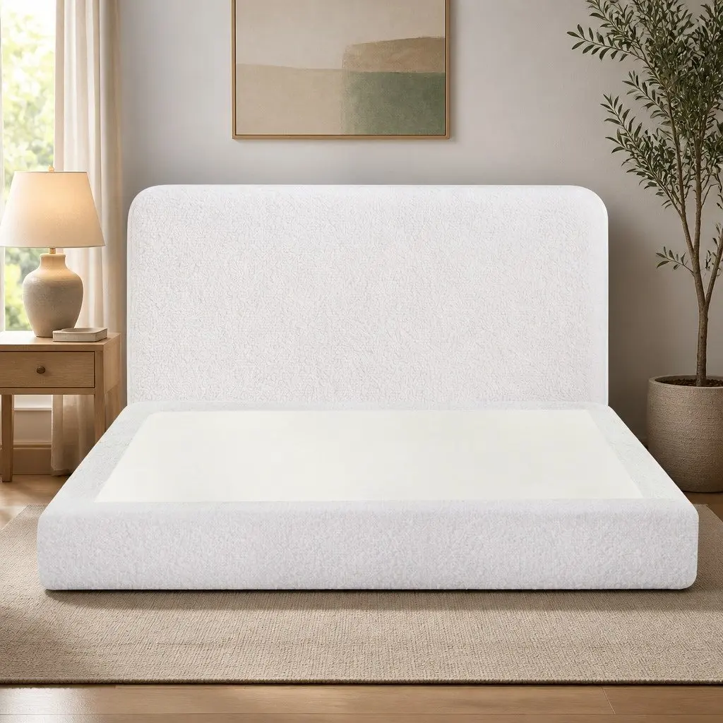 Double Bed Frame Boucle Fabric 155W x 196.5L x 25H cm High-Density Foam