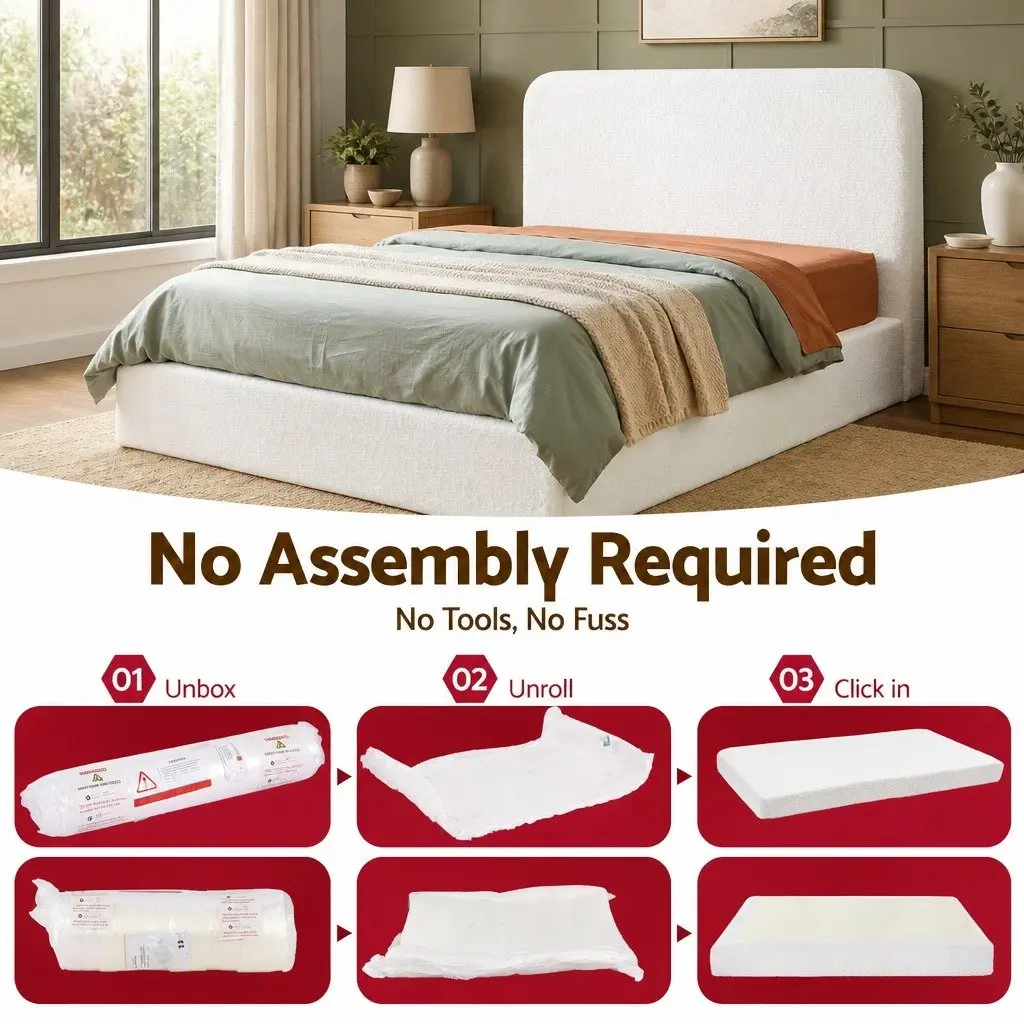Double Bed Frame Boucle Fabric 155W x 196.5L x 25H cm High-Density Foam