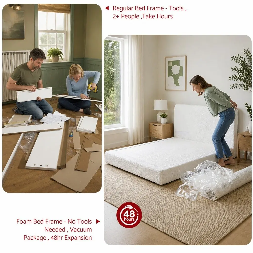 Double Bed Frame Boucle Fabric 155W x 196.5L x 25H cm High-Density Foam