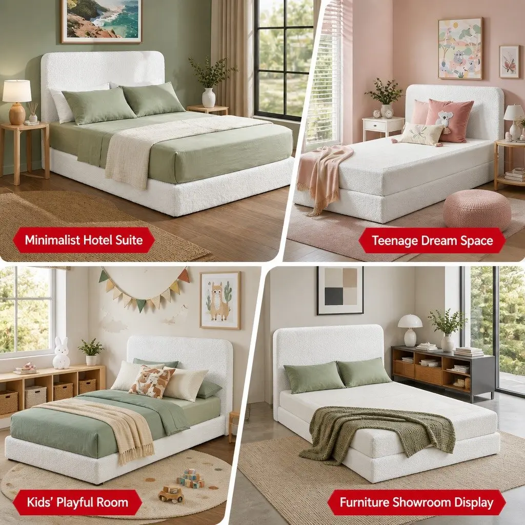 Double Bed Frame Boucle Fabric 155W x 196.5L x 25H cm High-Density Foam