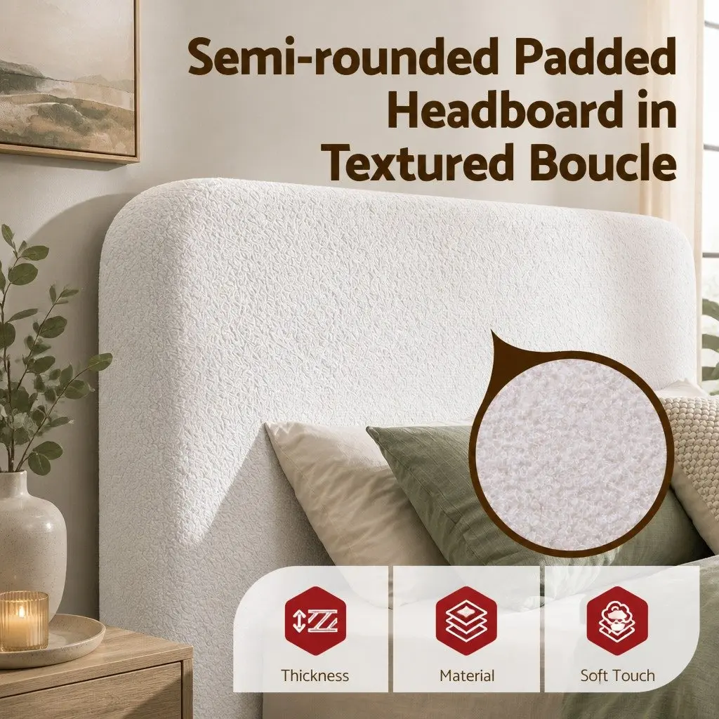 Double Bed Frame Boucle Fabric 155W x 196.5L x 25H cm High-Density Foam